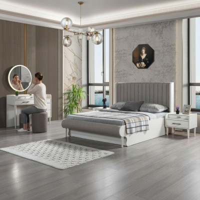 Moderne 5-delige slaapkamer set. Bed, nachtkastjes, kast