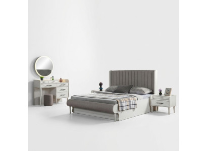Moderne 5-delige slaapkamer set. Bed, nachtkastjes, kast