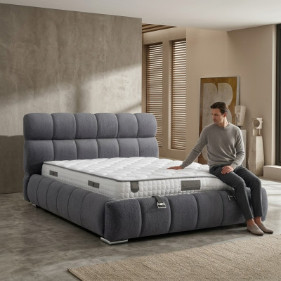 Moderne blauwe bedstof en hout met matras
