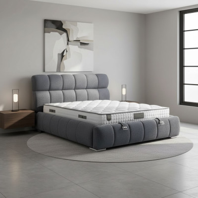 Moderne blauwe bedstof en hout met matras