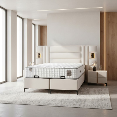 Elegante witte bed met stof en houten matras