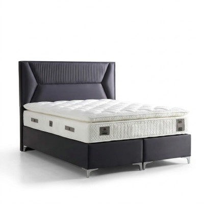 Elegante grijze bed met stoffen en houten matras