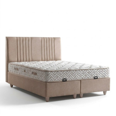 Elegante bed met kussen in lichtgrijs stof en hout
