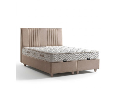 Elegante bed met kussen in lichtgrijs stof en hout