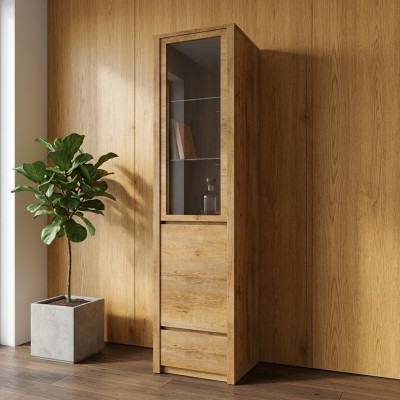 Spilgt vitrinekast, keuken, met glazen planken en lade