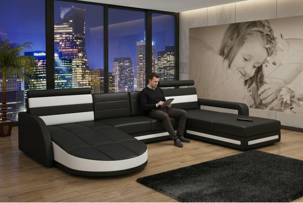 WOONLANDSCHAP SOFA SET ONTWERP HOEKBANK Bruin-Beige LEDEREN BANKSTEL XXL HOEKBANK