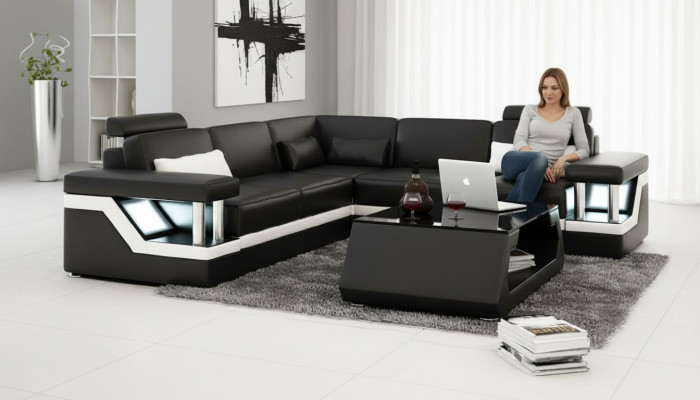 LEDEREN BANKSTEL XXL SET WOONLANDSCHAP HOEKBANK LEDEREN BANKSTEL ZWART / WIT