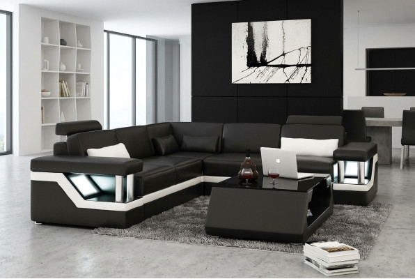 LEDEREN BANKSTEL XXL SET WOONLANDSCHAP HOEKBANK LEDEREN BANKSTEL ZWART / WIT