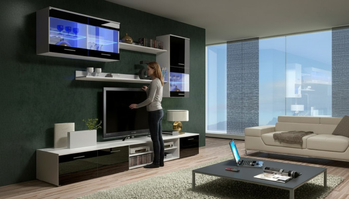 Een verfijnde houten tv-nachtkastje in moderne stijl voor uw woonkamer.