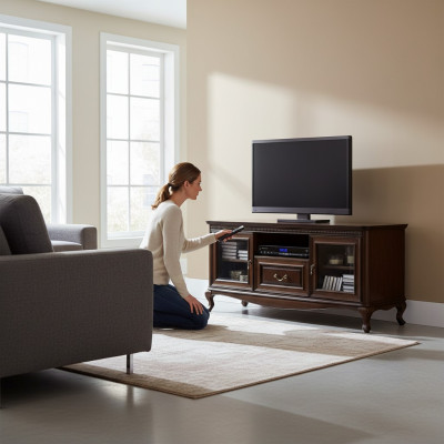 Een elegante multimedia-standaard voor televisies en mediatoestellen in de stijl van een moderne, minimalistische esthetiek.