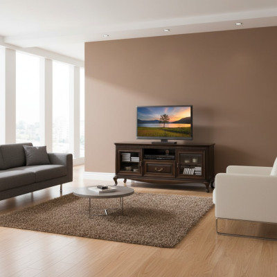 Een elegante multimedia-standaard voor televisies en mediatoestellen in de stijl van een moderne, minimalistische esthetiek.