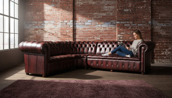 Chesterfield lederen hoekbank sofa bekleding hoek zitmeubel 100% leer