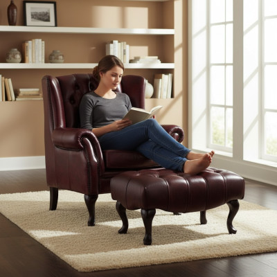 Chesterfield oorfauteuil + hocker fauteuil bankstel gestoffeerde set leer textiel 16101330