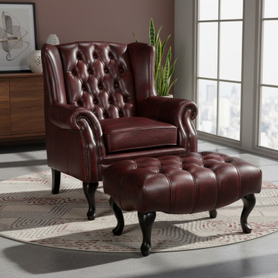 Chesterfield oorfauteuil + hocker fauteuil bankstel gestoffeerde set leer textiel 16101330