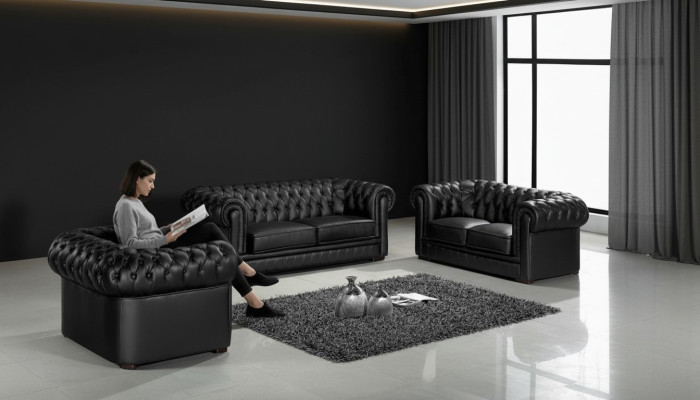 Zwarte Chesterfield bankstellen 3+2+1 set gestoffeerde designerbanken set