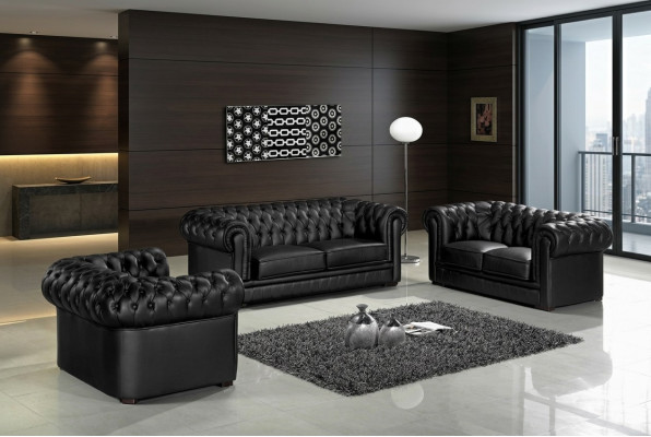 Zwarte Chesterfield bankstellen 3+2+1 set gestoffeerde designerbanken set