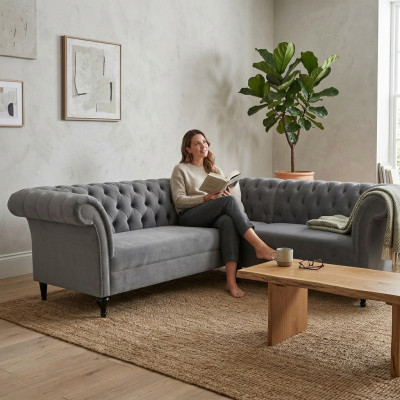Grijze Chesterfield hoekbank hoekbank Ontwerper L-vorm Velours Sofa