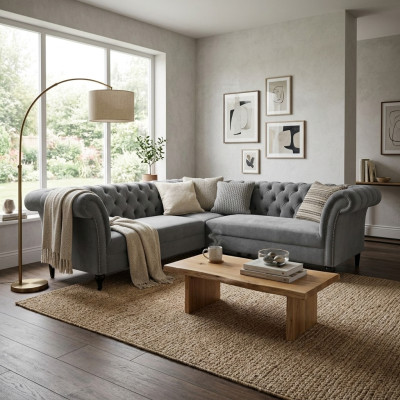 Grijze Chesterfield hoekbank hoekbank Ontwerper L-vorm Velours Sofa