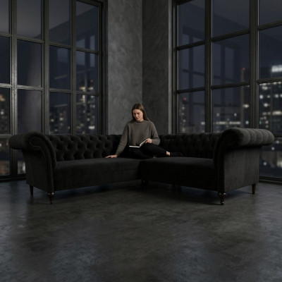 Zwarte Chesterfield luxe L-vormige bank