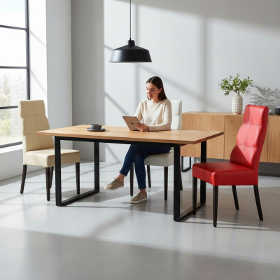 MASSIEF HOUT HOUTEN STOEL MODERN LEDER ONTWERPER EETKAMERSTOEL KEUKEN DECORATIEF