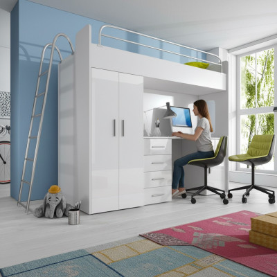 STAPELBED HOOGSLAPER STAPELBED MET BUREAU + KAST-RAJ 4D WIT