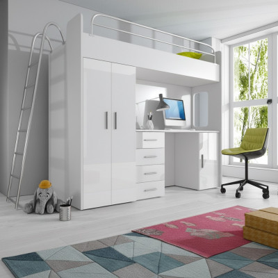 STAPELBED HOOGSLAPER STAPELBED MET BUREAU + KAST-RAJ 4D WIT