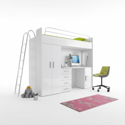 STAPELBED HOOGSLAPER STAPELBED MET BUREAU + KAST-RAJ 4D WIT