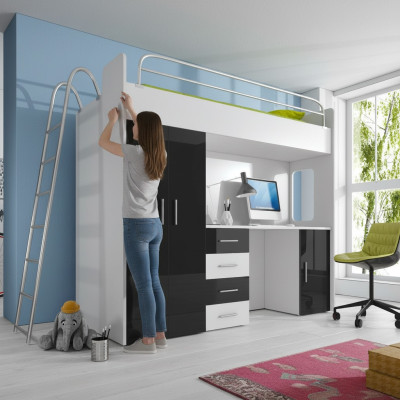 STAPELBED TWIJFELBED HOOGSLAPER BUREAU+KLEDINGKAST-RAJ 4D ZWART