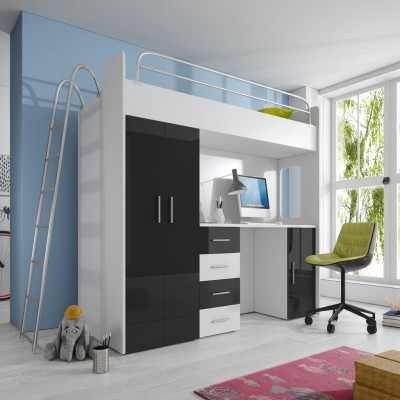 STAPELBED TWIJFELBED HOOGSLAPER BUREAU+KLEDINGKAST-RAJ 4D ZWART