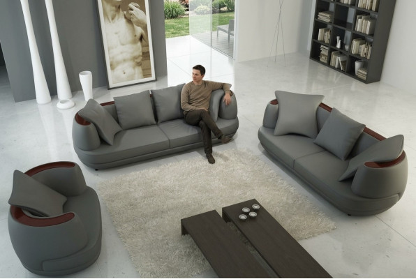 Bankstel Royal Luxe Designerbank Stoffering 3+2+1 Leren Bank Koninklijk Grijs
