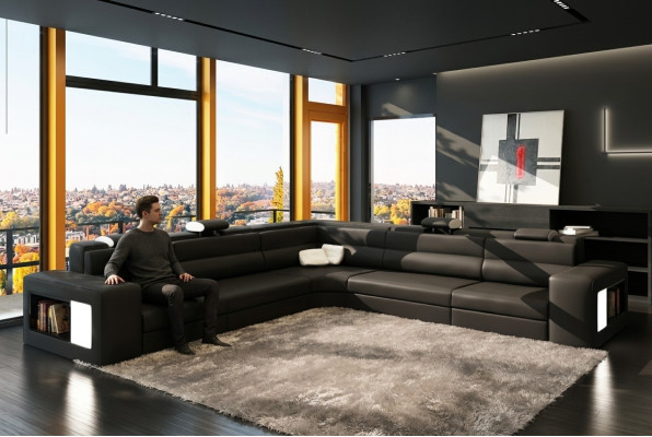 Ledersofa Bank Bank Hoekbank Zitbekleding Woonlandschap XXL Big Weiden Zwart