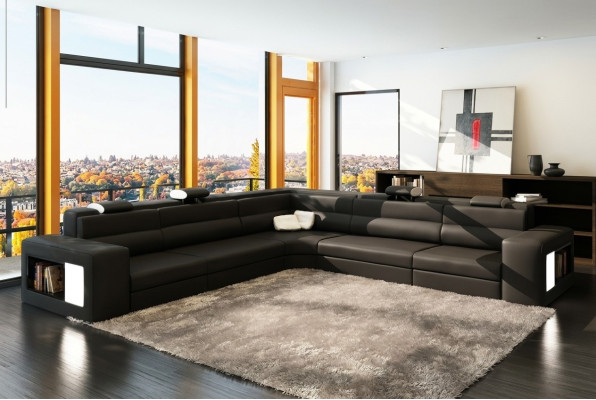 Ledersofa Bank Bank Hoekbank Zitbekleding Woonlandschap XXL Big Weiden Zwart