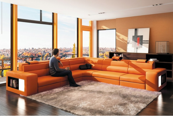 Leren bank Bank Bank hoekbank Zitting Kussens Woonlandschap XXL Groot Wilg Oranje