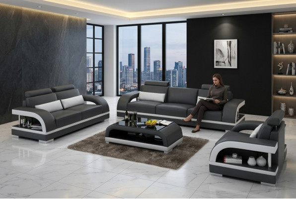 Designer Bankstel Leren Bankstel Set 3+2+1 Set Bank Bank Nieuw Citadel Z/W