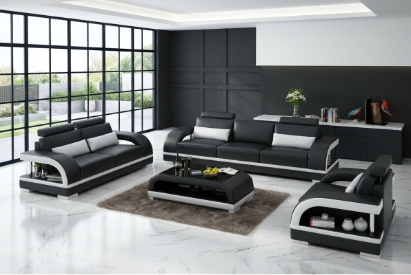 Designer Bankstel Leren Bankstel Set 3+2+1 Set Bank Bank Nieuw Citadel Z/W