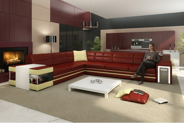 Designersofa Hoekbank Bank Leren Bank Bekleding Zitting Hoek Bankstel + Licht Nieuw PH3026
