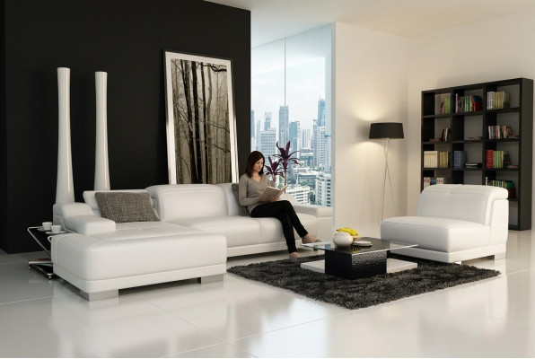 Ledersofa Bank Bank Woonlandschap Hoekbank Hoek Set Ontwerp + Fauteuil K5002D
