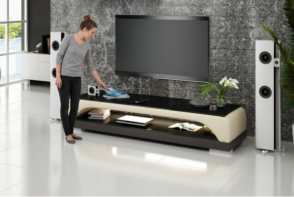 RTV TV-meubel van leer en glas, televisiekast, tafel, ontwerperdecor