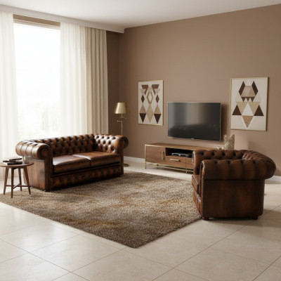 Chesterfield Decor Bank Sofa Bekleding Leder Textiel Sofaset 2+1 Bekleding