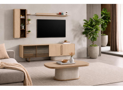 TV-Lowboard Wohnset Eiche mit 2 Wandregalen und Couchtisch Set